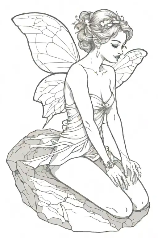 a beutiful fairy sitiing on the rock, without wings, who does not have back and instead you can see her ribs and organs tattoo design idea