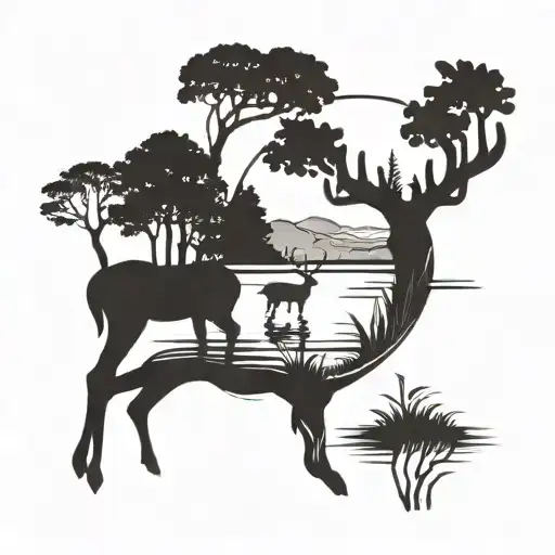 A serene lake scene with a reflection of a deer drinking water under a sunny sky tattoo design idea