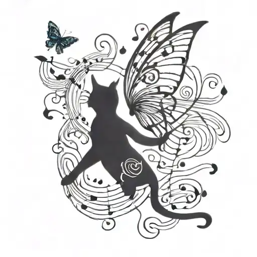 A whimsical design combining a dancing cat with musical notes and butterfly wings tattoo design idea