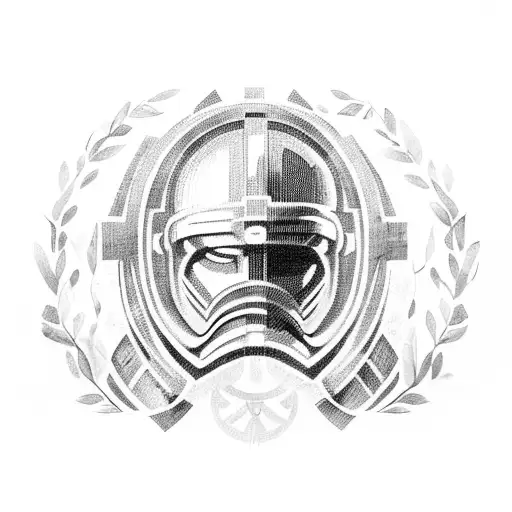 Spartan helmet sideways around a wreath of olive trees tattoo design idea