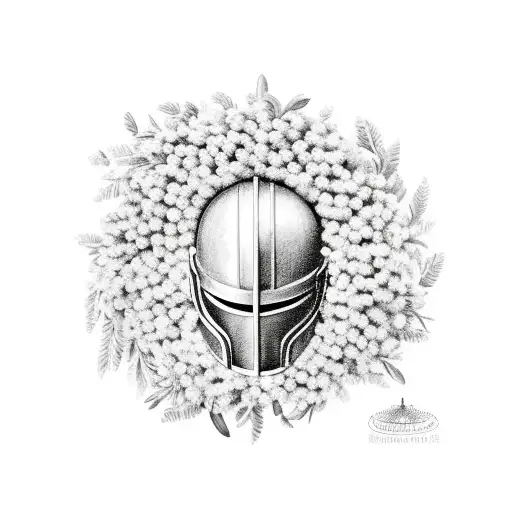 Spartan helmet  around a wreath of olive trees tattoo design idea