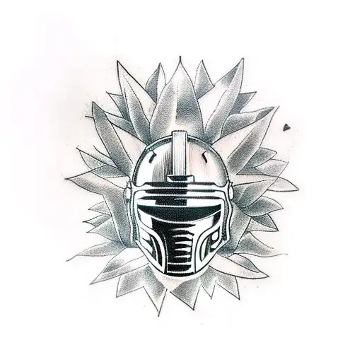 Spartan helmet sideways around a wreath of olive trees tattoo design idea