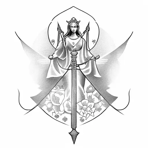 Lady Of Justice, Sword, Libra, Flowers, Butterflies tattoo design idea