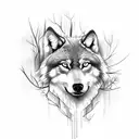 Create a tattoo featuring a majestic wolf running through a forest tattoo design idea