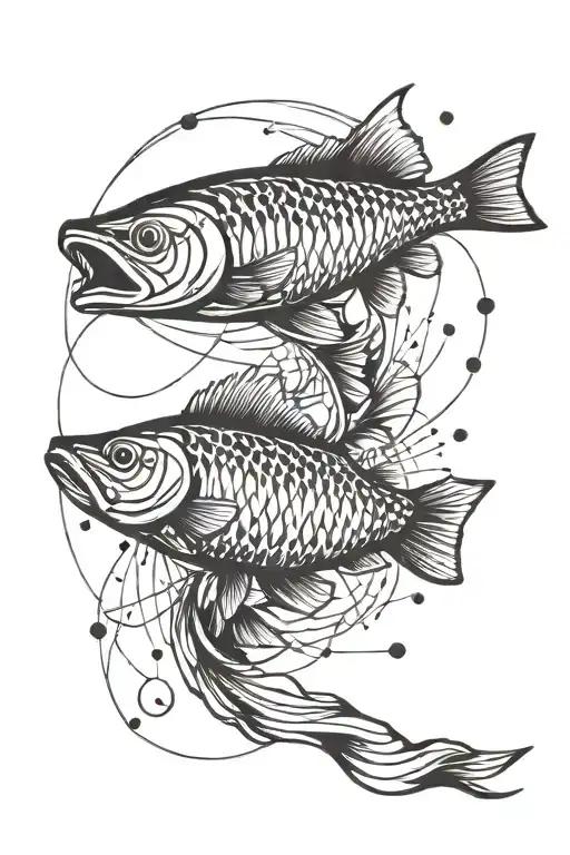 Abstract Pike fish jumping, simple geometric shapes in the background, black and white tattoo design idea