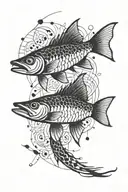 Abstract Pike fish jumping, simple geometric shapes in the background, black and white tattoo design idea