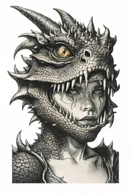 the face of girl looking on the beg dragon  over it  tattoo design idea