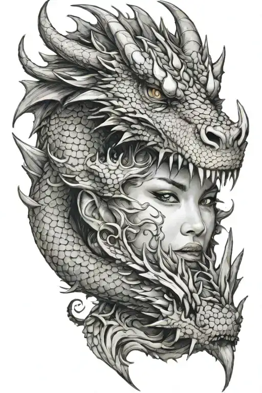 the big dragon with small face of girl face tattoo design idea