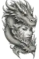 the big dragon with small face of girl face tattoo design idea