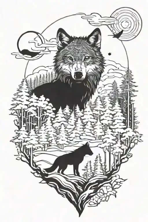 wolf and forest tattoo design idea
