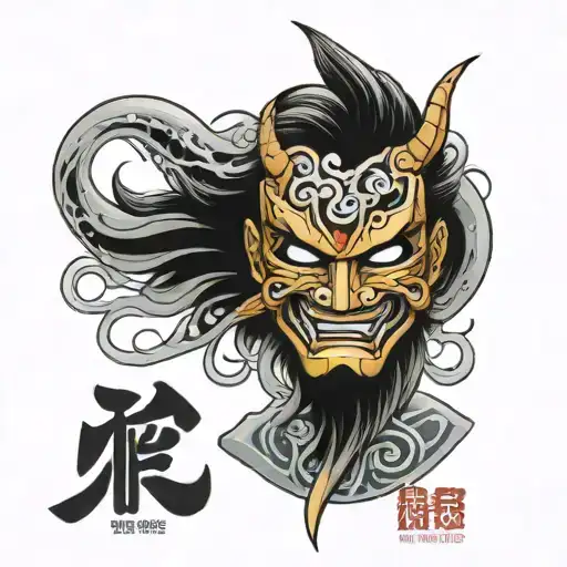 Japanese style mask with tsunami tattoo design idea