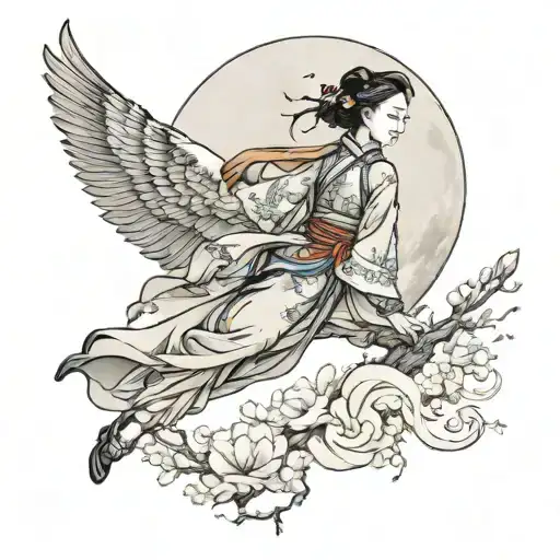 Acient beautiful Chinese woman fly to the moon tattoo design idea