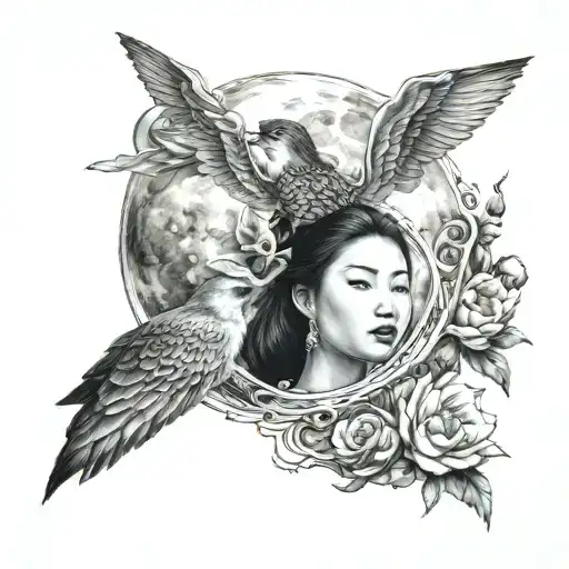 Acient beautiful Chinese woman fly to the moon tattoo design idea