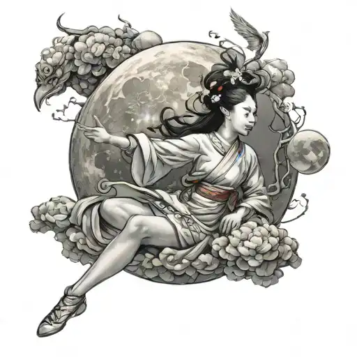 Acient beautiful Chinese woman fly to the moon tattoo design idea