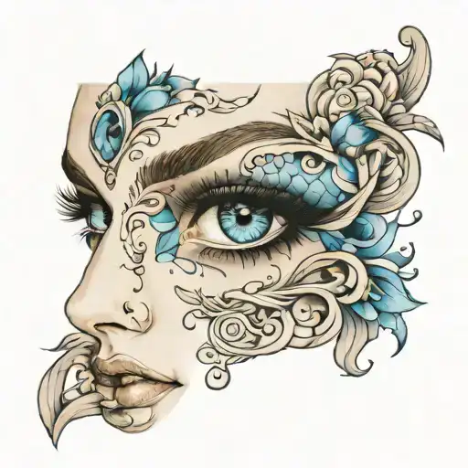 womans face with blue eyes half face only  tattoo design idea