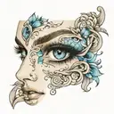 womans face with blue eyes half face only  tattoo design idea
