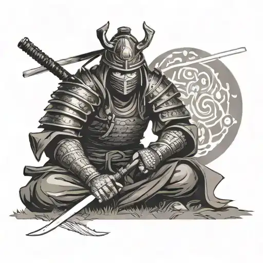 samurai with full armor sitting on a field and holding the katana in front of his face tattoo design idea