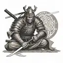 samurai with full armor sitting on a field and holding the katana in front of his face tattoo design idea