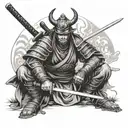 samurai with full armor sitting on a field and holding the katana in front of his face tattoo design idea