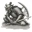samurai with full armor sitting on a field and holding the katana in front of his face tattoo design idea