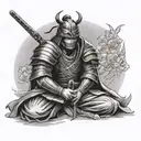 samurai with full armor sitting on a field and holding the katana in front of his face tattoo design idea