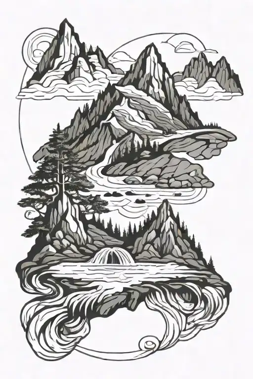 mountains and stream flowing tattoo design idea