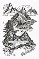 mountains and stream flowing tattoo design idea