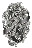 cancer ribbon intertwined within his religion symbols tattoo design idea