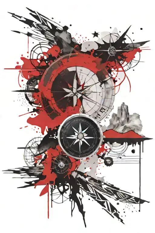 a compass, desert landscape, winding road leading towards shepherds cane, sun and stars tattoo design idea