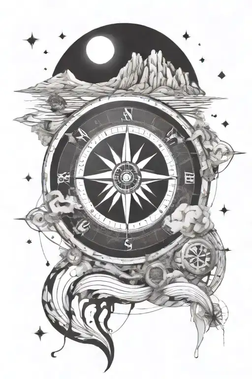 a compass, desert landscape, winding road leading towards shepherds cane, sun and stars tattoo design idea