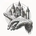 man scissor hands under the snow with a gothic castle in the background tattoo design idea