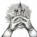 man scissor hands under the snow with a gothic castle in the background tattoo design idea