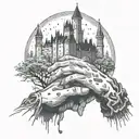 man scissor hands under the snow with a gothic castle in the background tattoo design idea