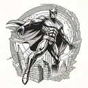magneto from x men, flying looking forward with destroyed city in the background tattoo design idea