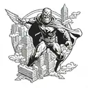 magneto from x men, flying looking forward with destroyed city in the background tattoo design idea