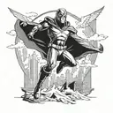 magneto from x men, flying looking forward with destroyed city in the background tattoo design idea