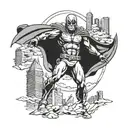magneto from x men, flying looking forward with destroyed city in the background tattoo design idea