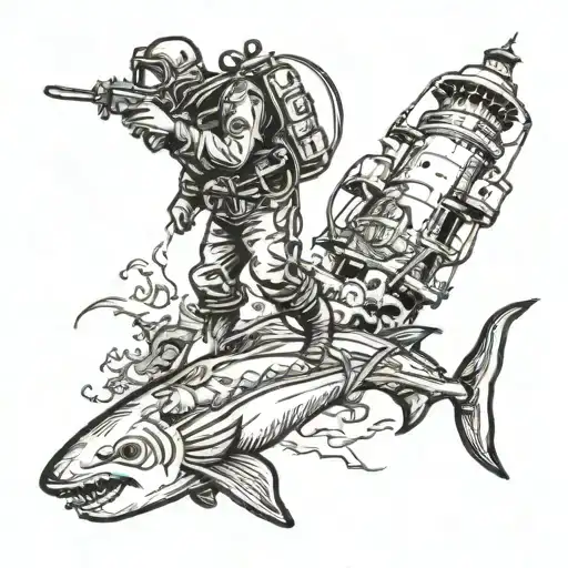 Industrial diver, alone, warrior, ship, shark, sea horse whale, sea fury, lighthouse tattoo design idea