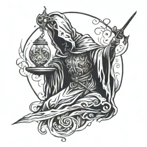 A mystical tarot card reader with a sword in hand, surrounded by swirling magical energy tattoo design idea
