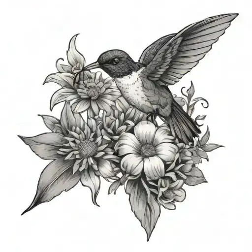 hummingbitd with marigold daisy amd aster bouquet  tattoo design idea