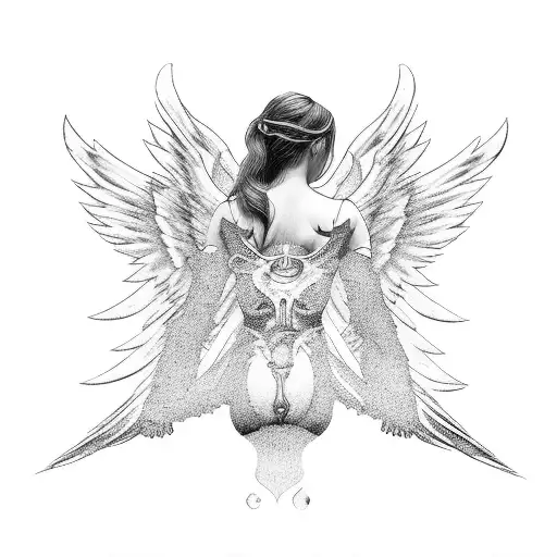 angel female backside with heaven stairs tattoo design idea