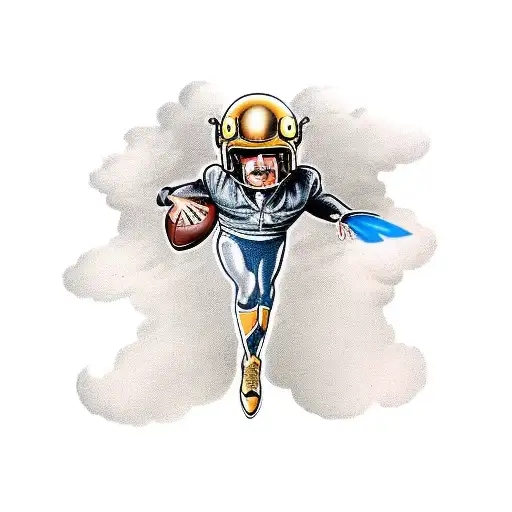 A tribute to the movie Top Gun, featuring a football player soaring through the sky like a fighter jet, with Jesus guiding their way tattoo design idea