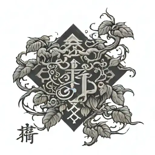 Poison tree growing with kanji writing that says "perseverance" tattoo design idea