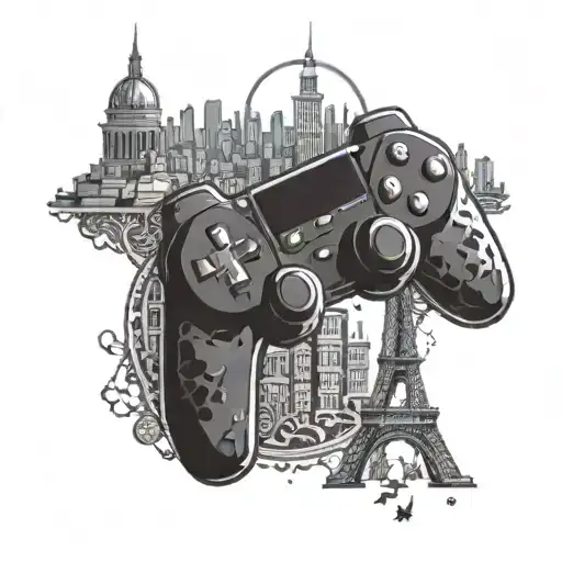 A gaming controller morphing into a Parisian skyline, with Captain America's shield in the background, representing your passion for gaming, Paris, and Captain America tattoo design idea
