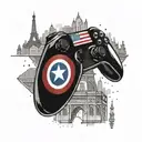 A gaming controller morphing into a Parisian skyline, with Captain America's shield in the background, representing your passion for gaming, Paris, and Captain America tattoo design idea