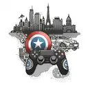 A gaming controller morphing into a Parisian skyline, with Captain America's shield in the background, representing your passion for gaming, Paris, and Captain America tattoo design idea