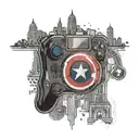 A gaming controller morphing into a Parisian skyline, with Captain America's shield in the background, representing your passion for gaming, Paris, and Captain America tattoo design idea