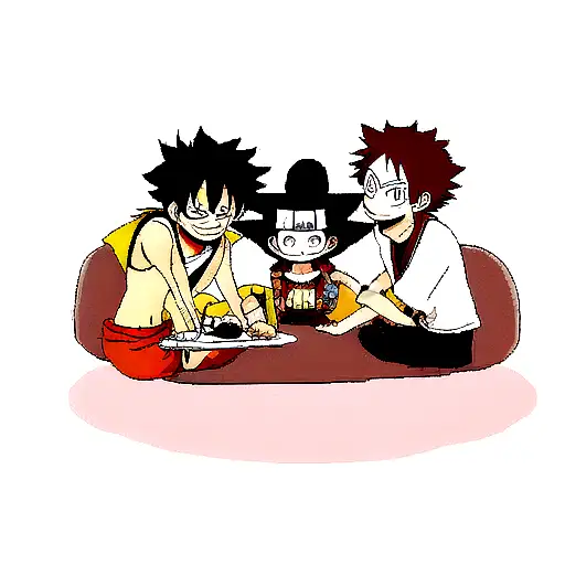 Luffy, Tanjiro e Naruto juntos tomando um café e jogando no computador  tattoo design idea