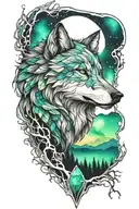wolf, northern lights, forest, fore arm sleeve tattoo design idea