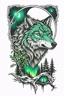 wolf, northern lights, forest, fore arm sleeve tattoo design idea